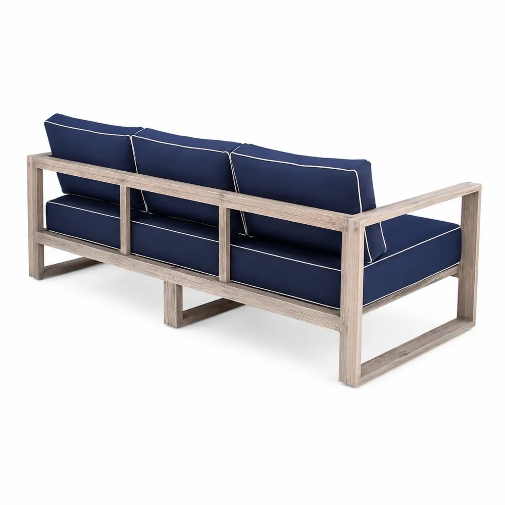 Canapé extérieur 3 places en bois avec coussins bleu marine