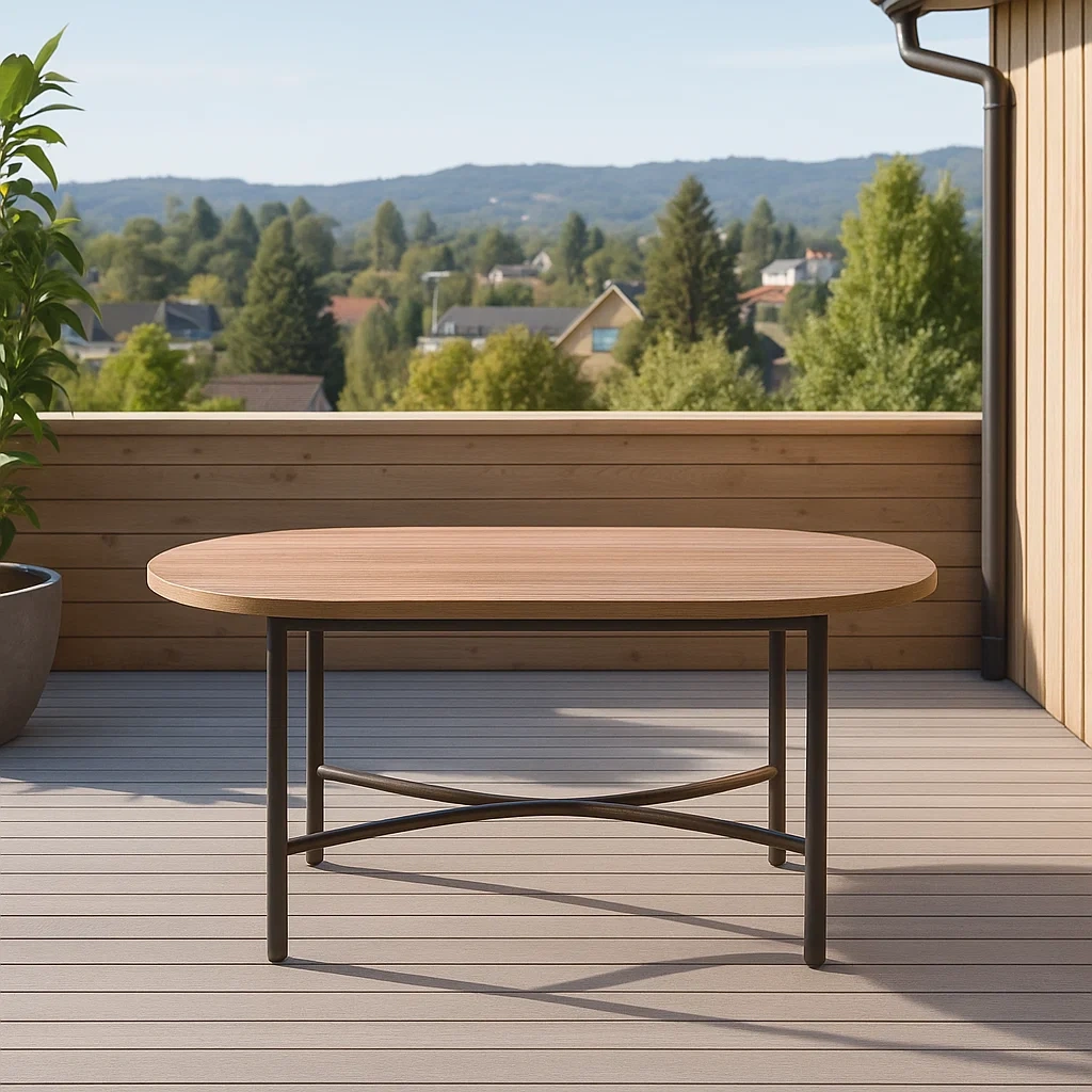 Ovaler Holztisch mit Stahlgestell 140x70 cm