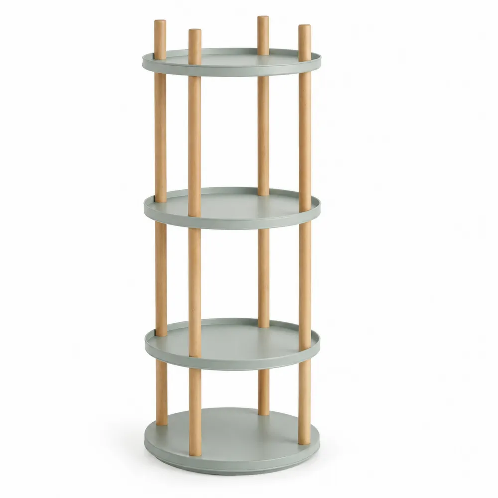 Étagère ronde à 4 niveaux en bois et métal gris