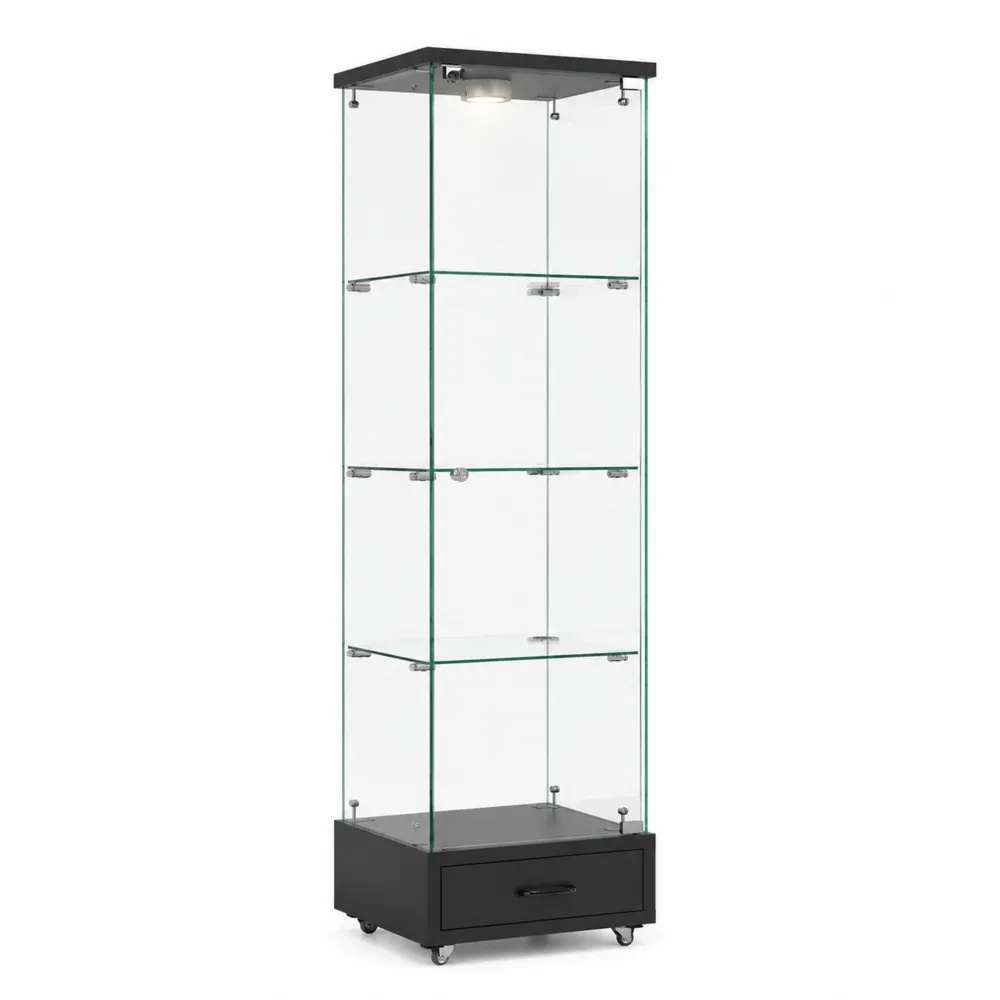 Vitrine en verre trempé avec étagères et tiroir noir