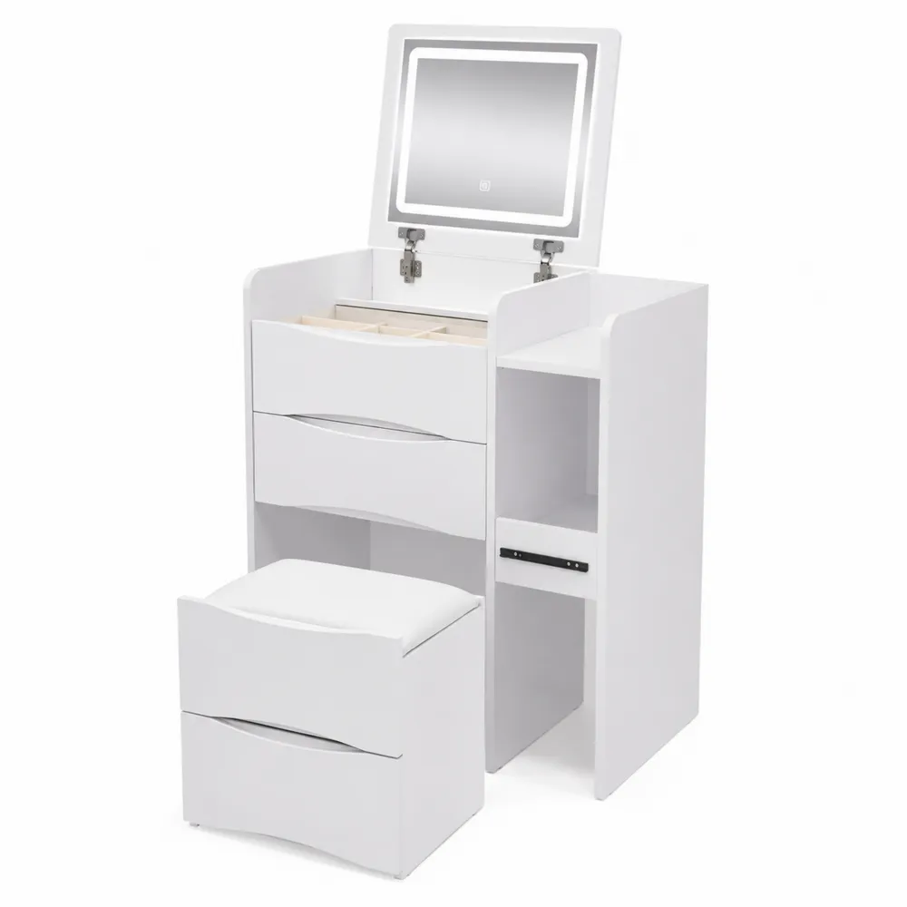 Coiffeuse LED avec Miroir et Tabouret en Bois Blanc