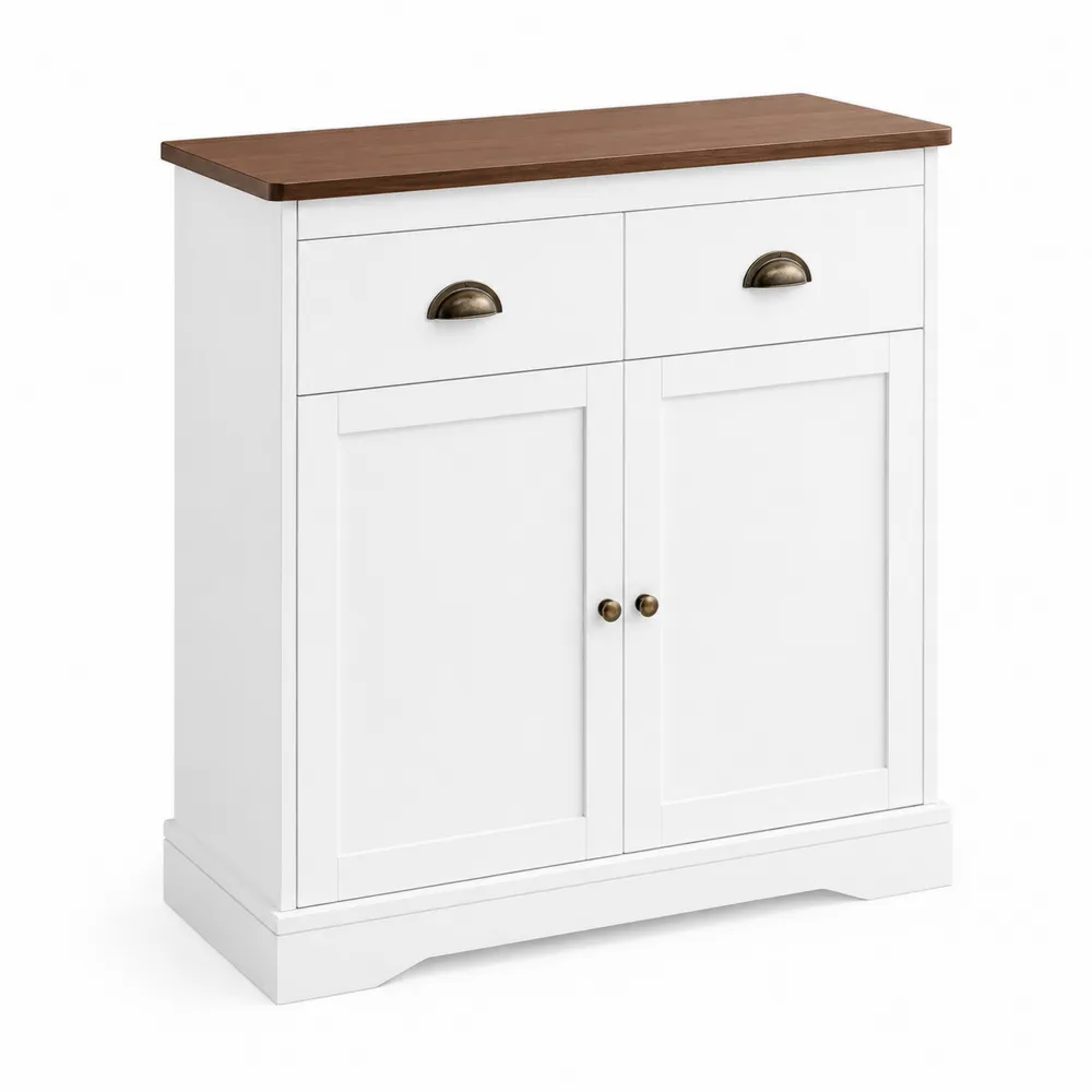 Buffet en Bois Blanc et Marron avec 2 Portes et 2 Tiroirs