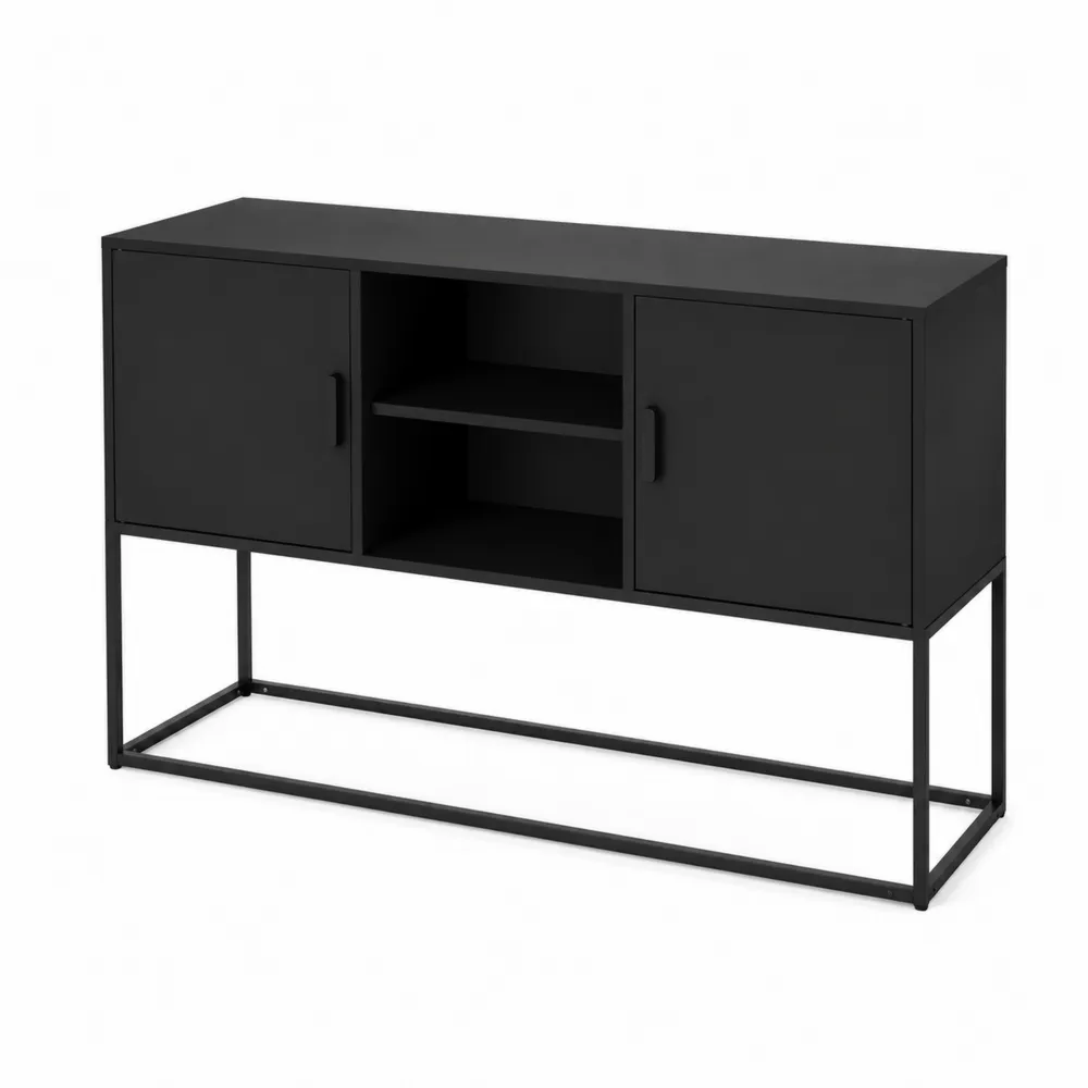Buffet en métal noir avec portes et étagères