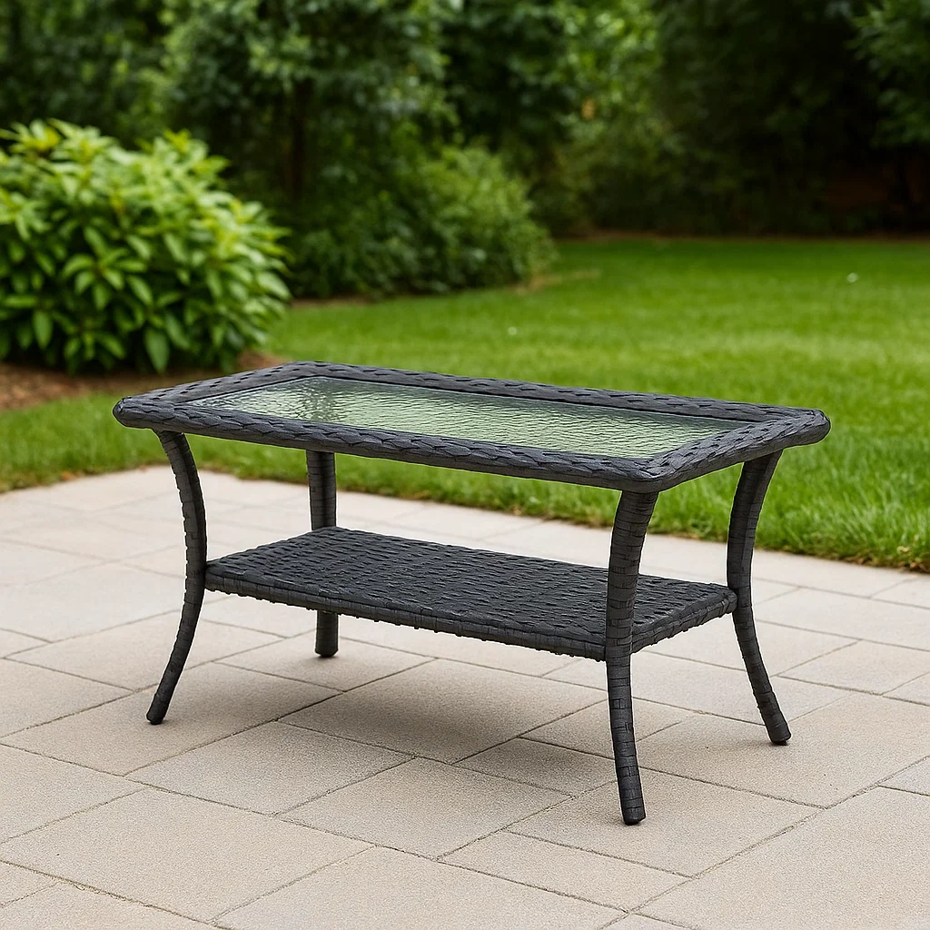 Gartentisch Rattan Stahl Glas Schwarz