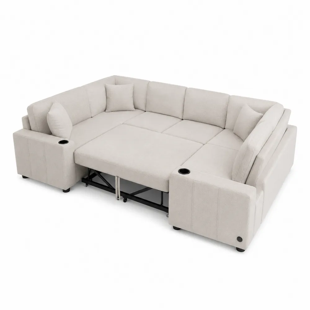 Canapé d'angle convertible en tissu avec porte-gobelets