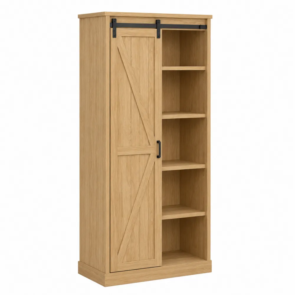 Bibliothèque en bois avec porte coulissante en chêne