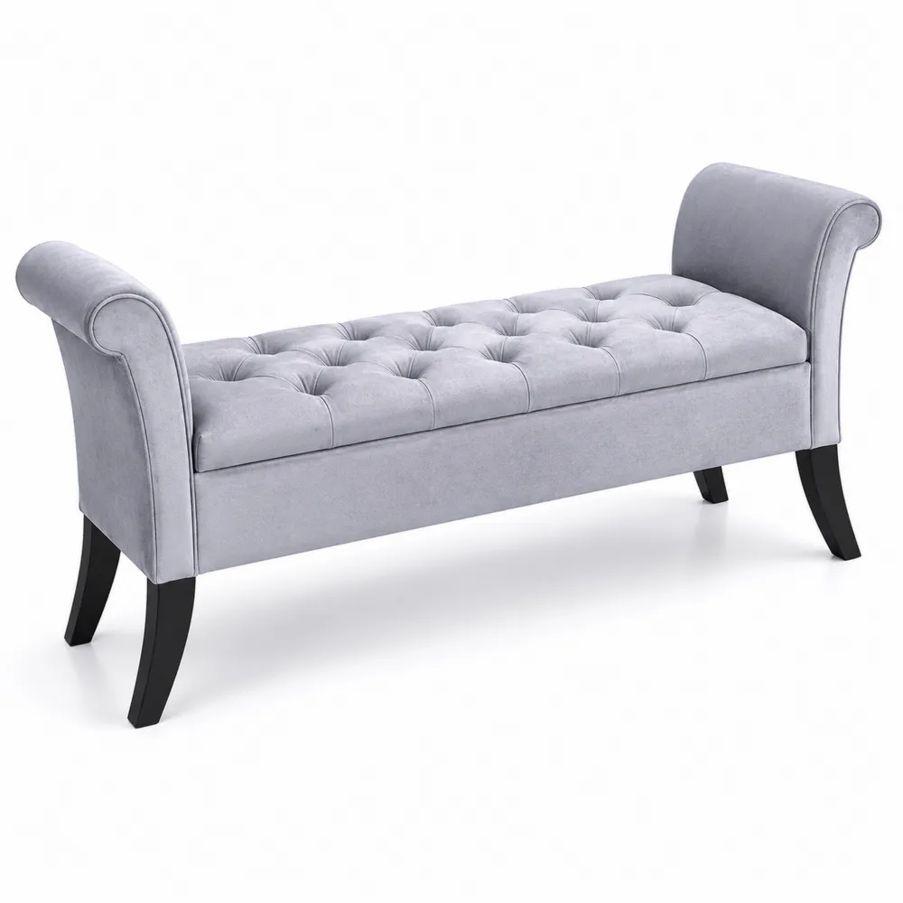 Banc en velours gris avec accoudoirs