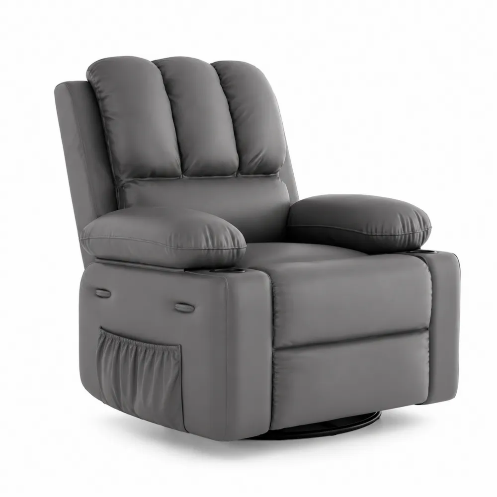 Fauteuil inclinable et pivotant en cuir synthétique gris avec rangement