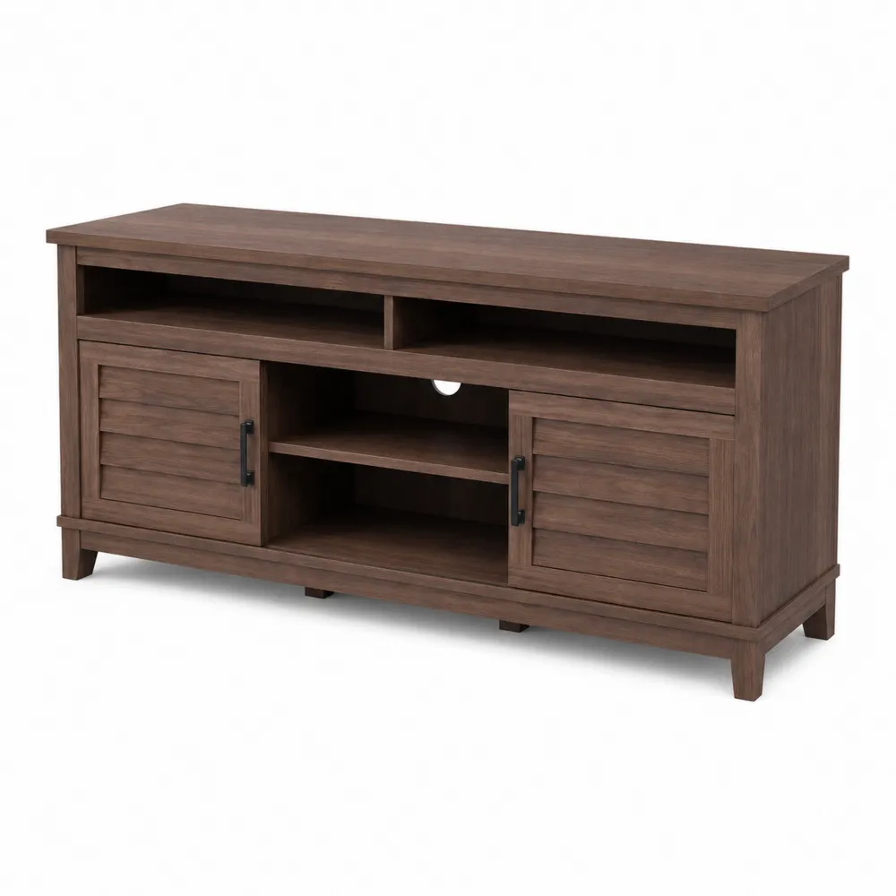 Meuble TV en bois avec étagères et portes coulissantes
