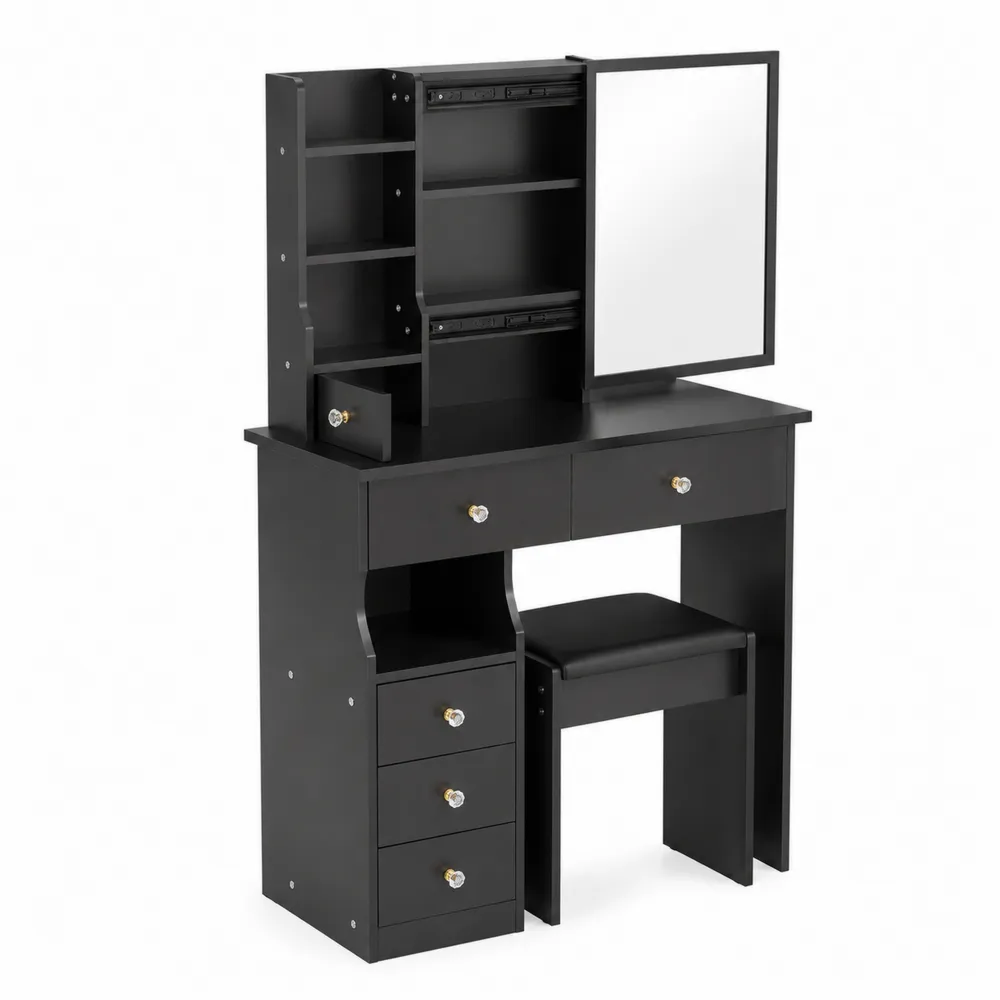 Coiffeuse en bois MDF noir avec miroir et tabouret