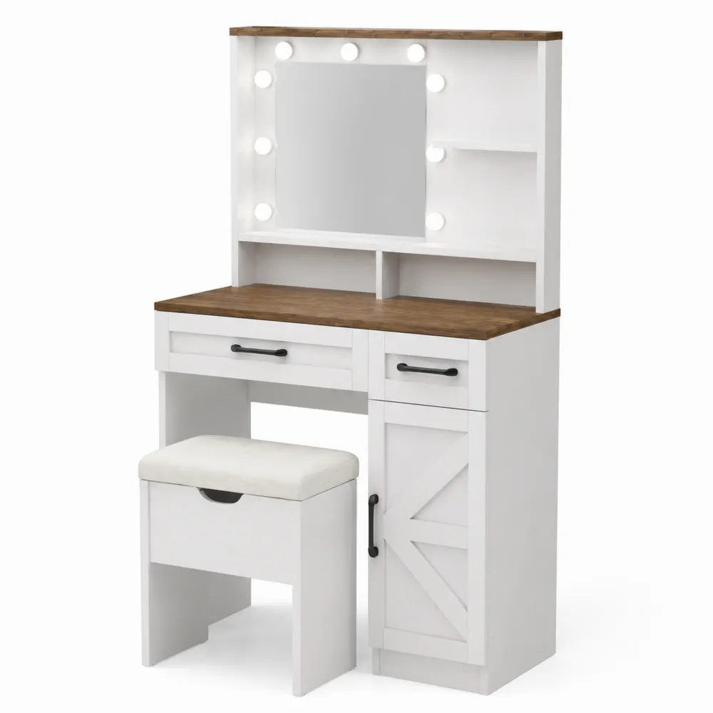 Coiffeuse avec Miroir Éclairé en Bois et Mélamine avec Tabouret, Blanc et Bois