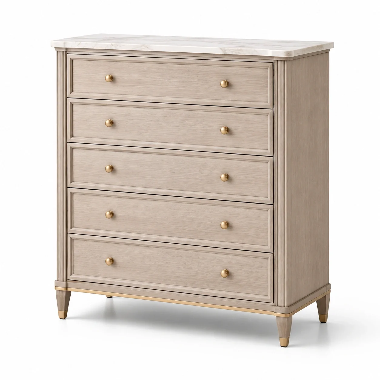 Kommode mit 5 Schubladen Eichenholz und Marmorplatte Beige