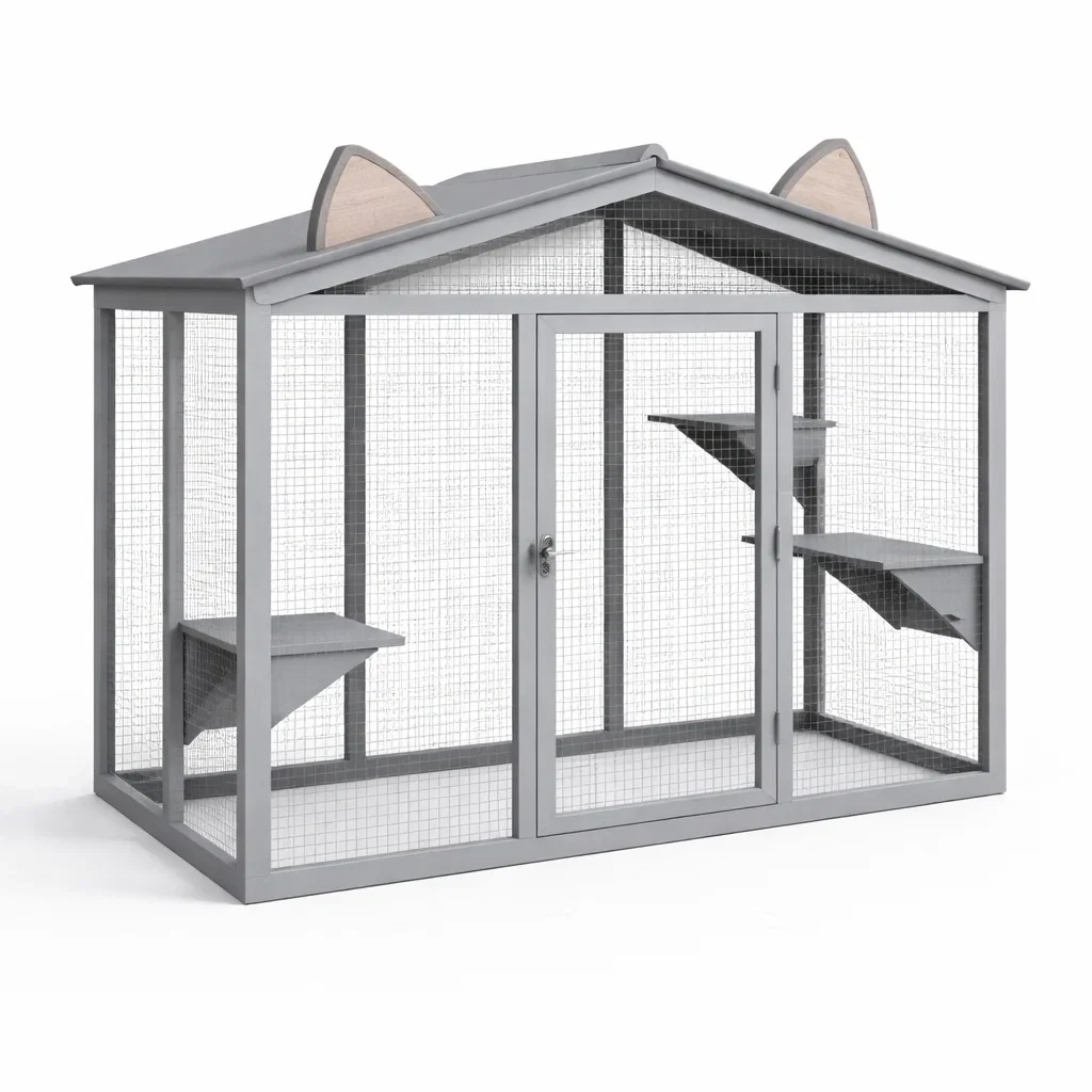 Katzengehege aus Holz mit Metallgitter Grau