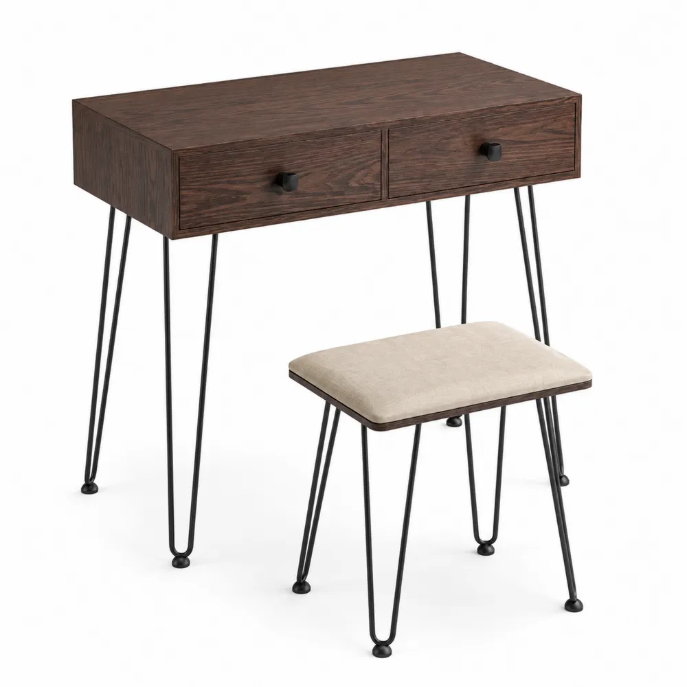 Coiffeuse en Bois de Chêne et Métal avec Tabouret