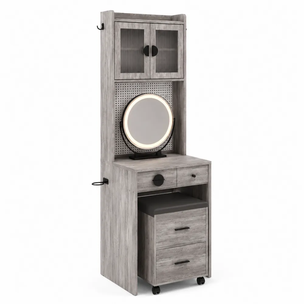 Coiffeuse en Bois Gris avec Miroir LED et Rangements