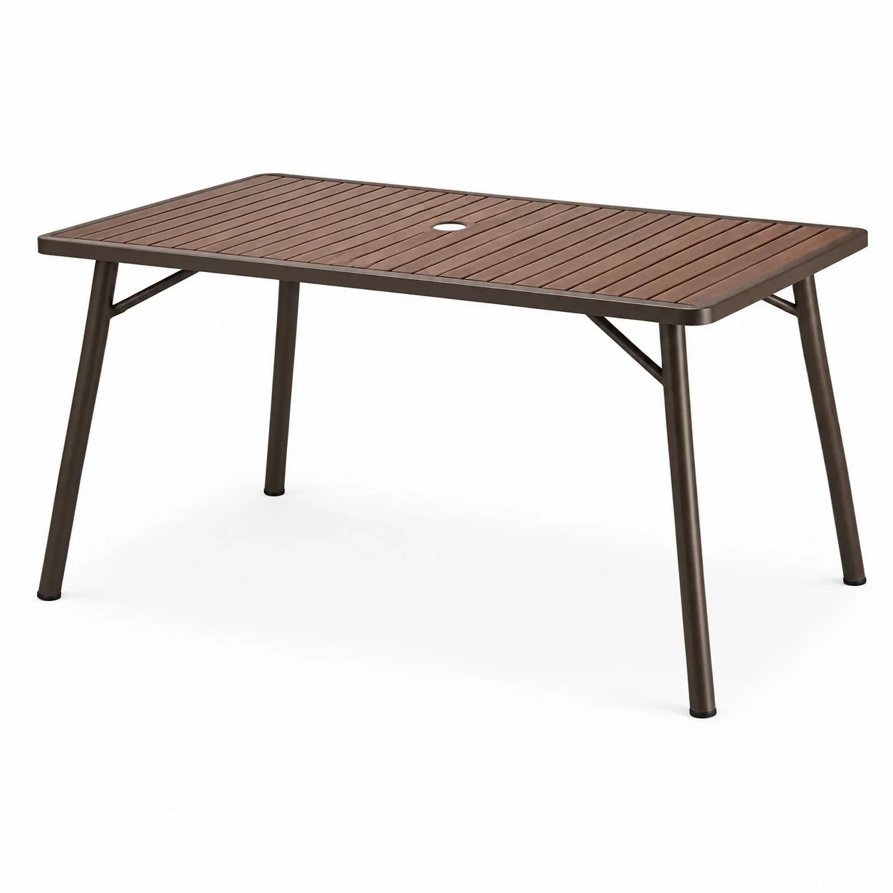 Rechteckiger Aluminium-Gartentisch mit Holzoptik und Schirmloch, Braun, 150x90x75 cm